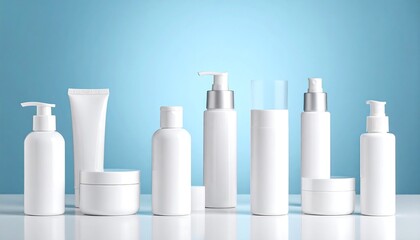 Collection of white cosmetic containers on a light blue background