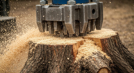 The process of crushing a stump with specialized equipment, close-up, with sawdust flying in different directions. Dismantling an old stump.