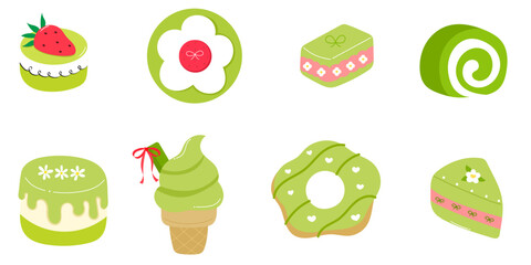 Set of matcha bakery pastry with cake, donut, ice cream and roll cake illustration