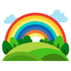 Vibrant rainbow arches over rolling green hills dotted with lush trees and fluffy clouds, creating a cheerful, idyllic landscape perfect for children's themes and nature projects.