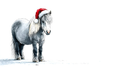 A horse in a Santa hat, a horse looking at the camera, on a white background. Horse 2026.