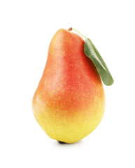 Ripe pear with green leaf isolated on white