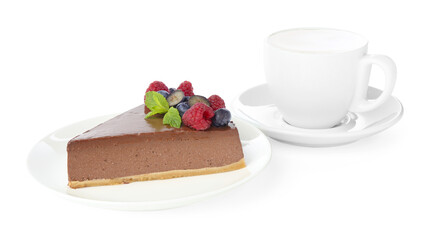 Piece of yummy chocolate cheesecake and coffee isolated on white