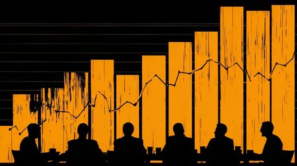 Business meeting silhouettes with orange bar chart and financial growth line on black background,  business chart, financial growth, meeting presentation - Powered by Adobe
