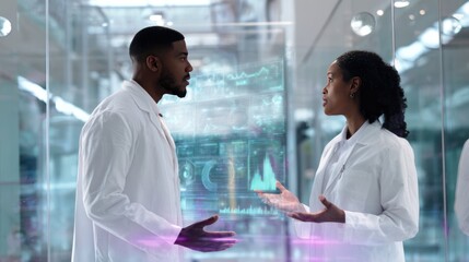 A black male and female doctor in white lab coats using an interactive AI interface, arguing or discussing something, AI-generated