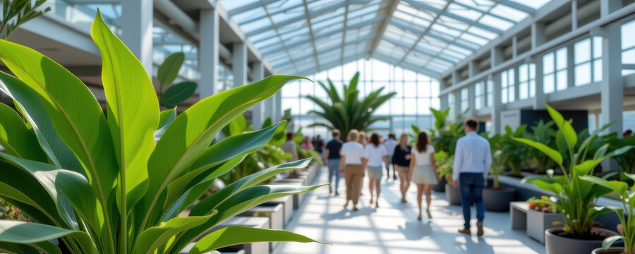 Modern business corporate development growth background with industry professionals walking in bright indoor garden