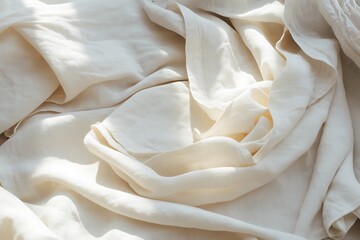 Obraz premium Elegant flowing white linen fabric texture with soft sunlight, perfect for backgrounds, fashion, or home decor projects needing a touch of luxury