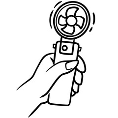 Hand Drawn Line Illustration of Hand Holding Mini Portable Fan
