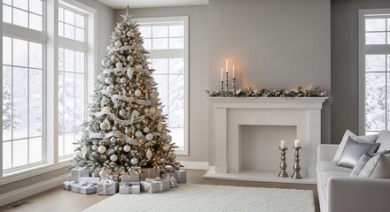 A Christmas tree and fireplace decorated for winter
