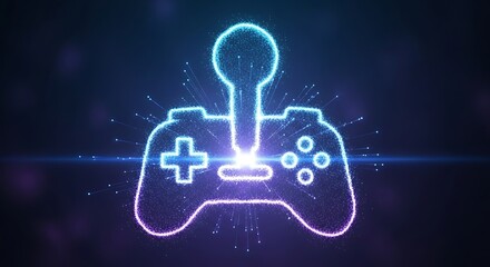 Retro video game controller icon glowing with neon lights and particles on a dark background, symbolizing entertainment and digital gaming