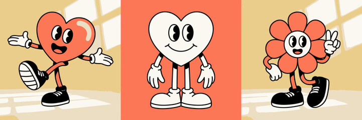 Charming cartoon characters composed of hearts and flowers interact playfully. The bright, cheerful design evokes a sense of warmth and friendliness in its delightful appeal.