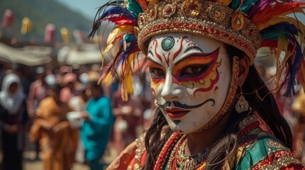 Close Up of Masked Performer at Traditional Village Festival
