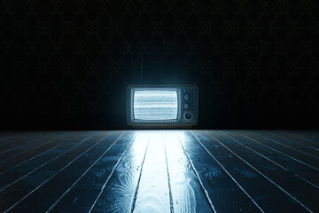 3D Rendering of an old television with bright static screen on wooden planks at night