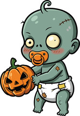 Adorable Zombie Baby Holding Jack-o'-Lantern Pumpkin Vector Illustration for Halloween Designs, Party InvitationsAdorable Zombie Baby Holding Jack-o'-Lantern Pumpkin Vector Illustration 