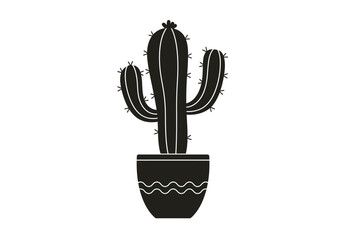 Cactus Plant in Pot Black Silhouette.