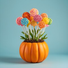 Candy Lollipops Sprouting Like Flowers from a Pumpkin