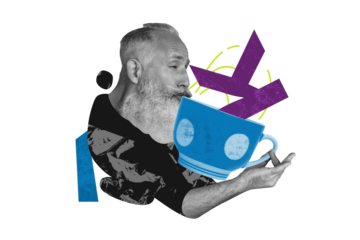 Composite trend artwork sketch collage of aged man grayhaired beard hold cup drink tea coffee huge letter word grimace emoji tasty