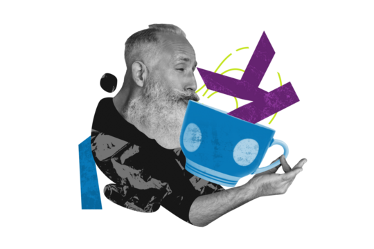 Composite trend artwork sketch collage of aged man grayhaired beard hold cup drink tea coffee huge letter word grimace emoji tasty