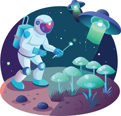 Vector astronaut robot harvesting glowing mushrooms