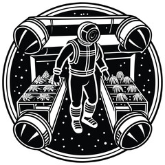 Vector astronaut adjusting solar-powered farming equipment in space