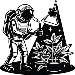 Vector astronaut scientist testing plant growth under artificial light