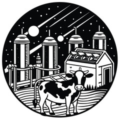 Vector futuristic dairy farm in space with robotic milking system