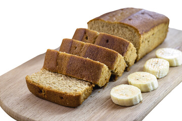 egan banana bread or cake made with organic banana, on isolated white background, copyspace. Traditional homemade cake from Brazil, sold in bakeries