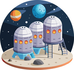A colorful cartoon illustration depicts a child astronaut watching a futuristic rocket launch toward the moon past a comical alien UFO