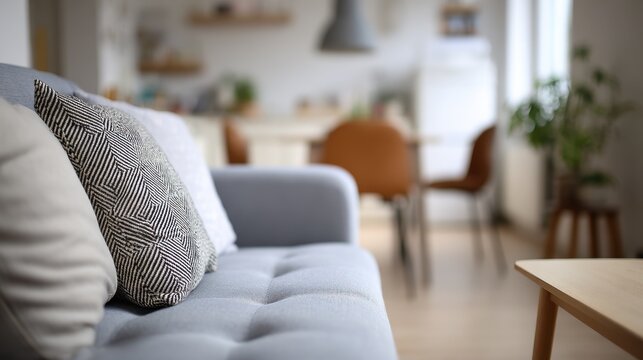 Medium shot of a modern living room featuring a stylish sofa in sharp focus with blurred background elements highlighting shortterm furniture rental for flexible home setups.