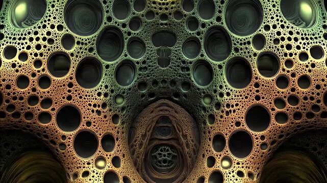 Complex, swirling pattern of interlinked circles and ovals, a surreal texture fades from green to amber