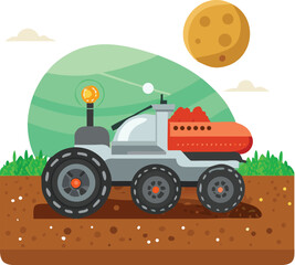 Agricultural vehicle transport: a farm tractor with a trailer is a colorful cartoon illustration for a toy model or symbol of the agriculture industry