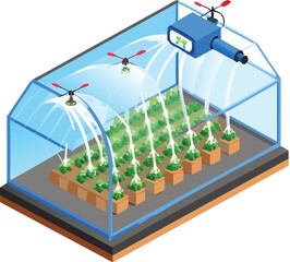 Vector watering alien crops with futuristic watering can