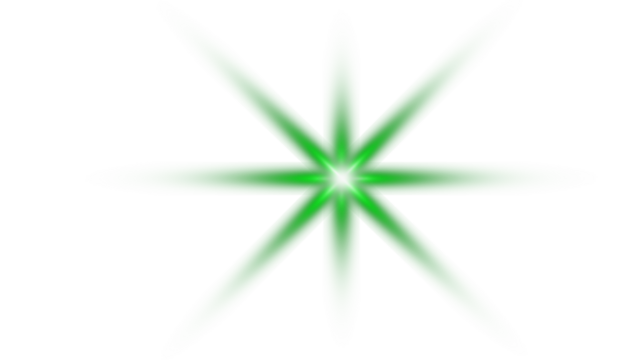 A green starburst with bright center with eight pointed rays emanating outward on transparent background