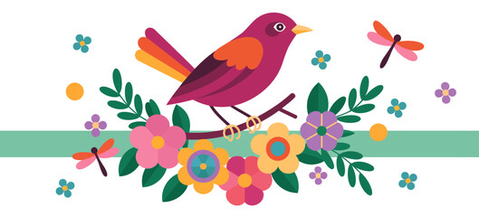 Fototapeta premium This vibrant illustration showcases a stylized bird perched on a floral branch, surrounded by colorful flowers, capturing a cheerful and lively ambiance of nature.