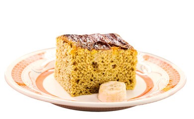 egan banana bread or cake made with organic banana, on isolated white background, copyspace. Traditional homemade cake from Brazil, sold in bakeries