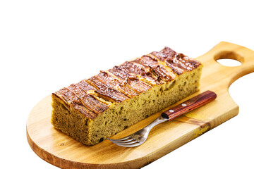 egan banana bread or cake made with organic banana, on isolated white background, copyspace. Traditional homemade cake from Brazil, sold in bakeries