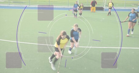 Hockey attacker dribbling past defender after pass, blue defender winning ball and carrying upfield - Powered by Adobe