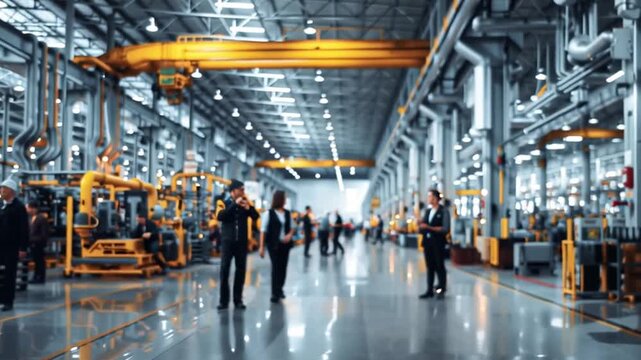 Workers move through a modern manufacturing facility filled with machinery and equipment. Bright lights illuminate the busy space while a blurred background suggests continuous activity.
