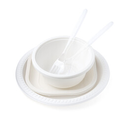 Set of disposable plastic tableware isolated on white