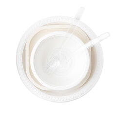 Set of disposable plastic tableware isolated on white, top view