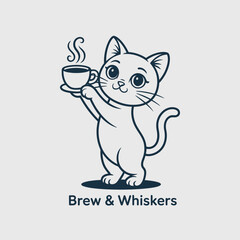 Obraz premium Featuring 'Brew & Whiskers', this delightful cat illustration holds a small coffee cup, perfect for promoting coffee shops or as a logo for cat cafes. It's adorable and engaging!