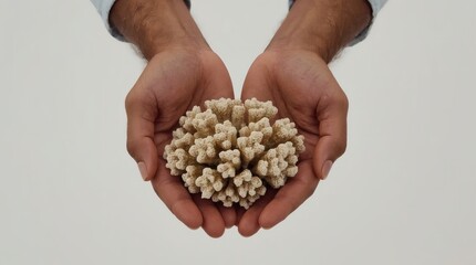 Close Up of Fisher Hand Holding Coral on Plain Background 