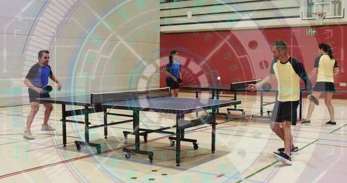 Table tennis doubles teams serving and exchanging forehand backhand shots to score winning point
