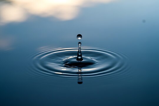 Stunning water droplet creating ripples on a calm blue surface reflecting the sky, perfect for serene wellness, purity, and environmental concepts