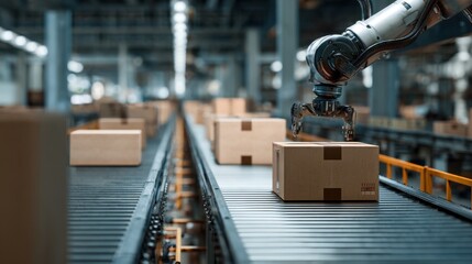 Medium shot showing a robotic arm swiftly moving boxes onto a conveyor belt while the warehouse environment remains softly out of focus.