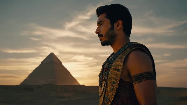 An ancient Egyptian pharaoh standing proudly in front of the Great Pyramid at sunset 