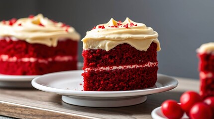 Delicious slices of gourmet cake with cherry, strawberry, and berry toppings on a plate from a bakery