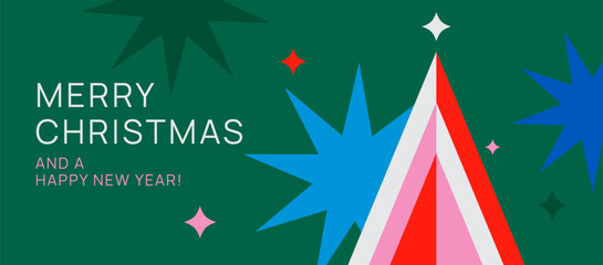 Christmas greeting card with geometric tree, and abstract stars on green background. Festive banner template design in modern minimal style