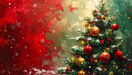 Christmas Tree with Ornaments and Painted Background Texture