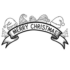 Merry Christmas Ribbon Banner Line Art, Holiday Greeting Label, Hand Drawn Festive Decoration Vector